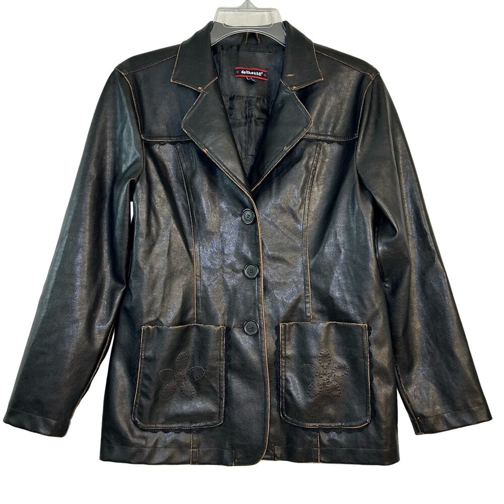 Y2K 90s Faux Leather Brown Pleather Jacket Boho Hippie Flower Lace Distressed